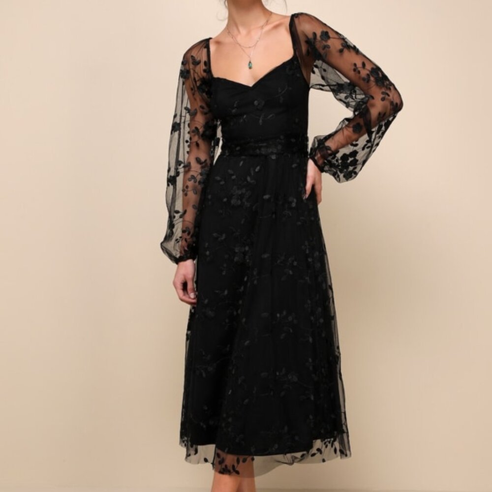 Lulus Darling Charisma Black Mesh Embroidered Midi Dress - Size M